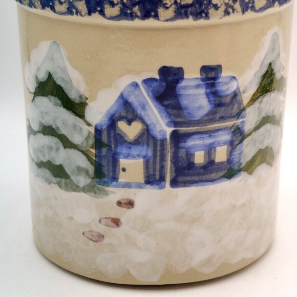 Alpine Pottery Ohio 1995 Blue Snow Cottage Hand Painted Winter Decor Set - Picture 4 of 11
